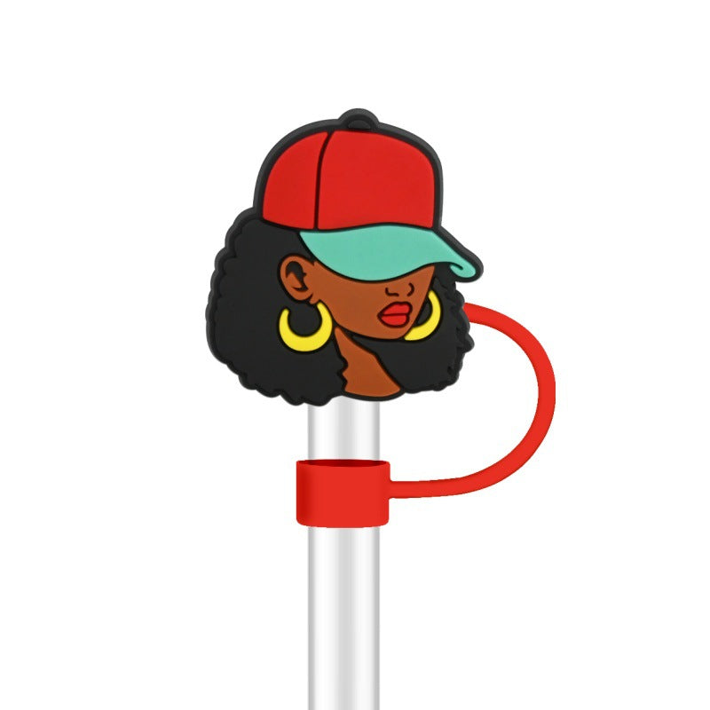 Wholesale 100pcs randomly black girl fashion series straw covers,  10mm soft silicone straw tube cap.