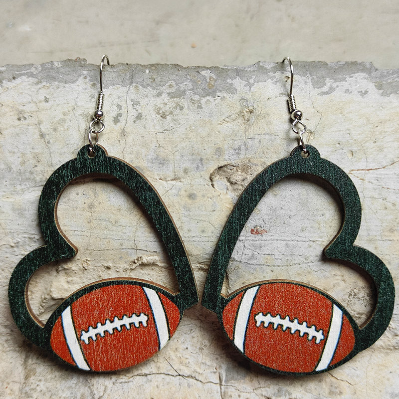 Wholesale 2 Pairs/pack Love Sports Football Baseball Rugby Basketball Wood Hollow Earrings ACC-ES-HY189