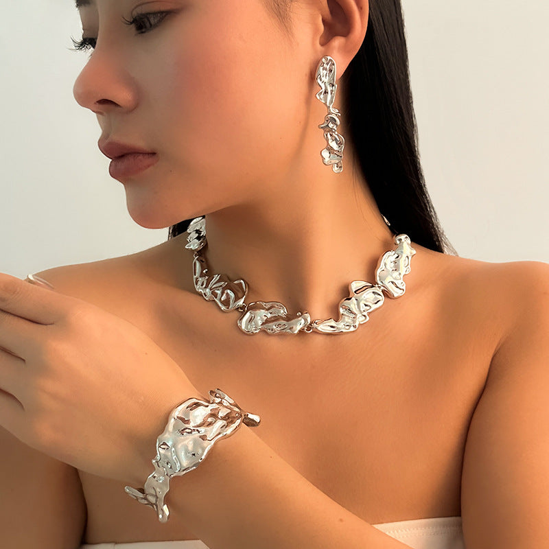 Wholesale Metal irregular splicing geometric jewelry set,  women' s alloy necklace,  earrings,  and bracelet