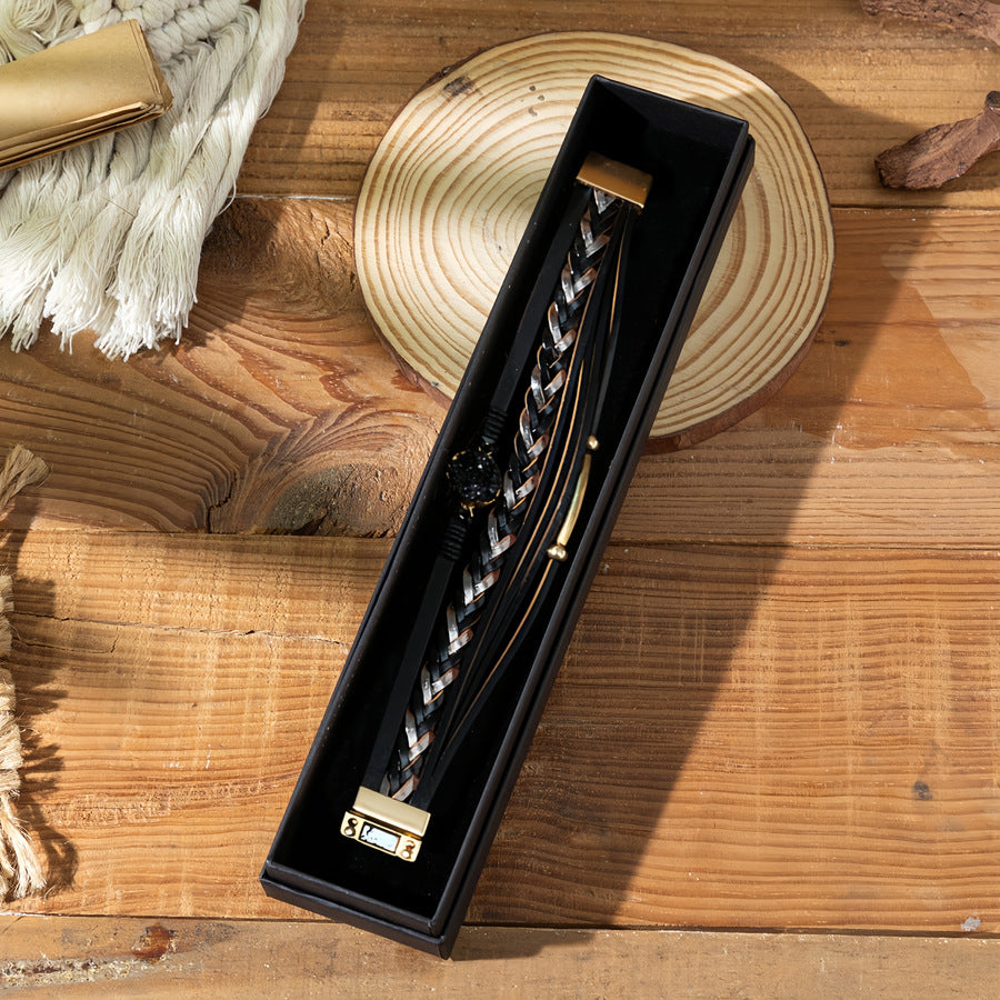 Wholesale stacked woven pu magnetic clasp winding diamond leather bracelet