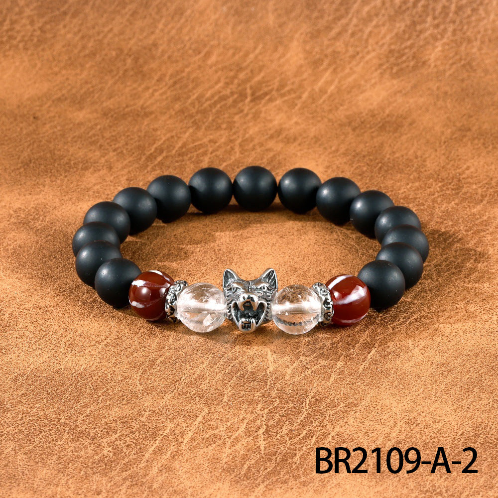 Wholesale Men' s semi-precious stone wolf head bracelet frosted black agate elastic bracelet