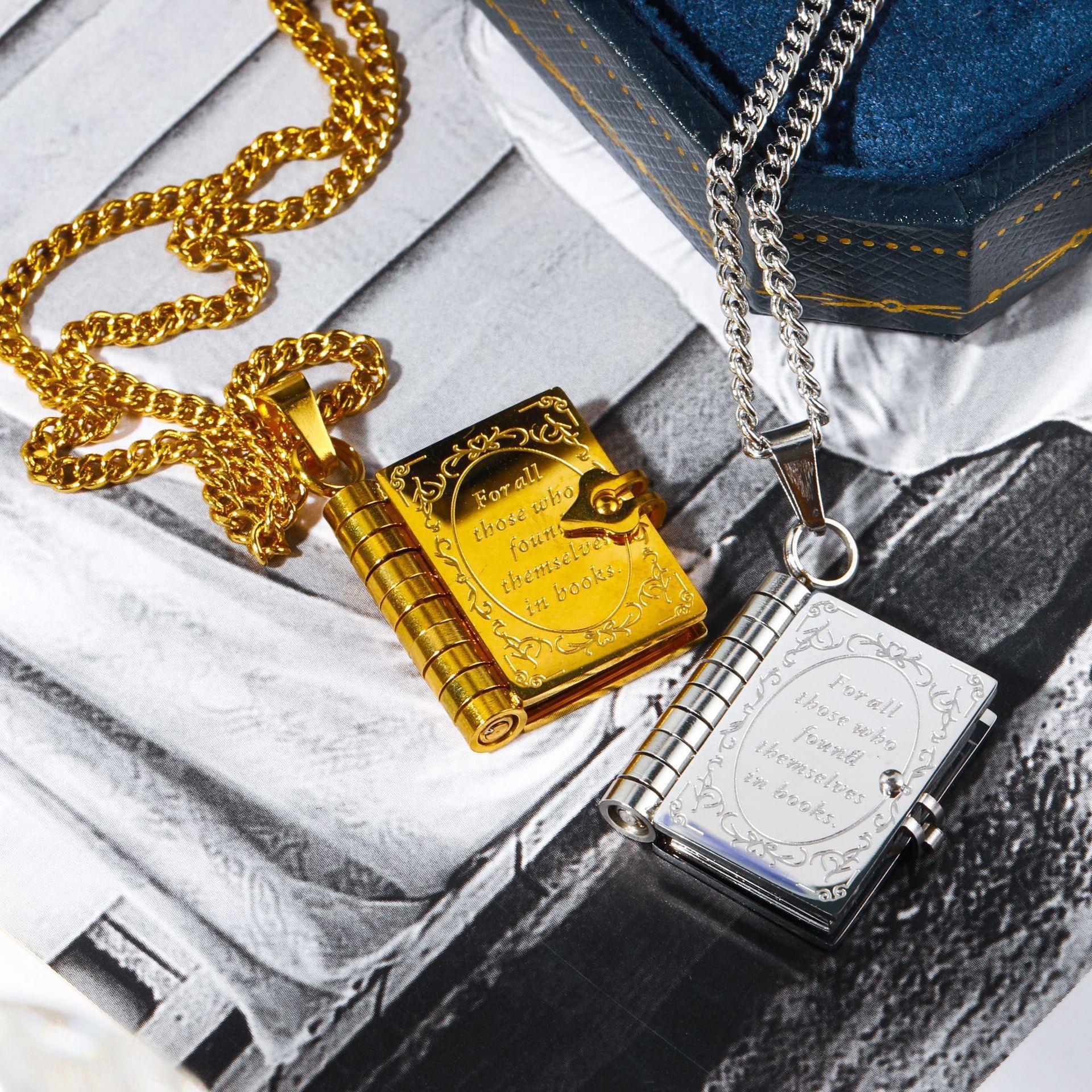 Wholesale Retro Literary Opening and Closing Book Titanium Steel Necklace 18K Gold Plated Necklace ACC-NE-JP005