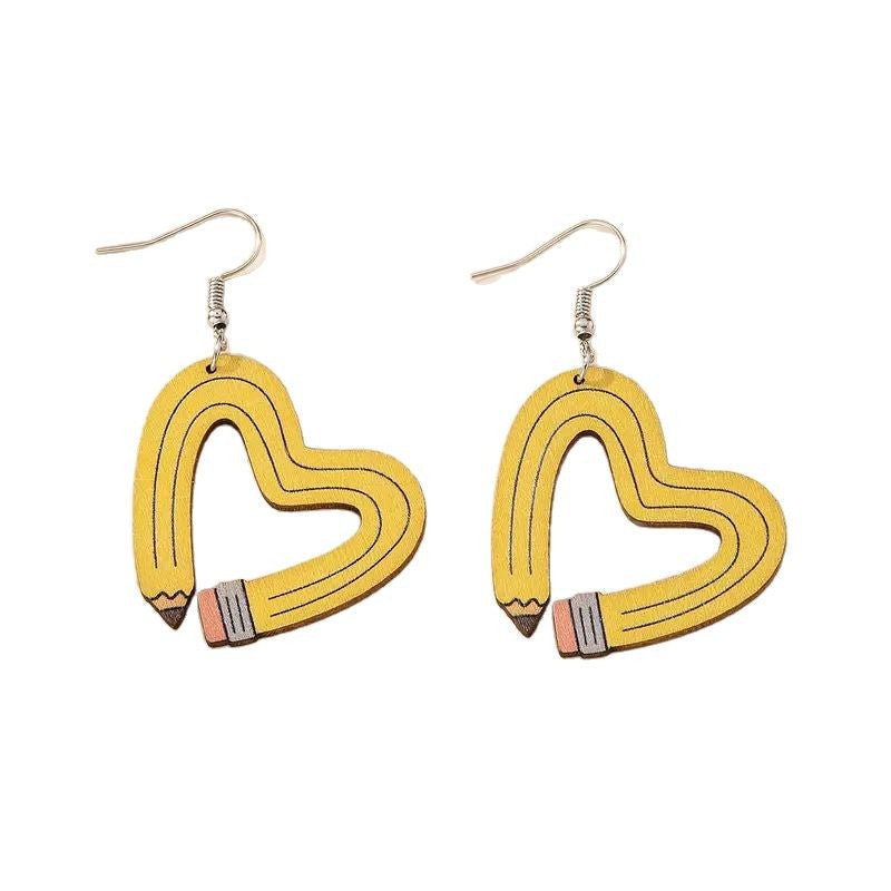 Wholesale School season back to school season love yellow pencil wooden earrings