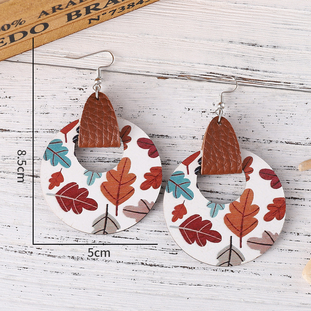 Wholesale Thanksgiving leaf round hollow wooden double-sided pendant earrings