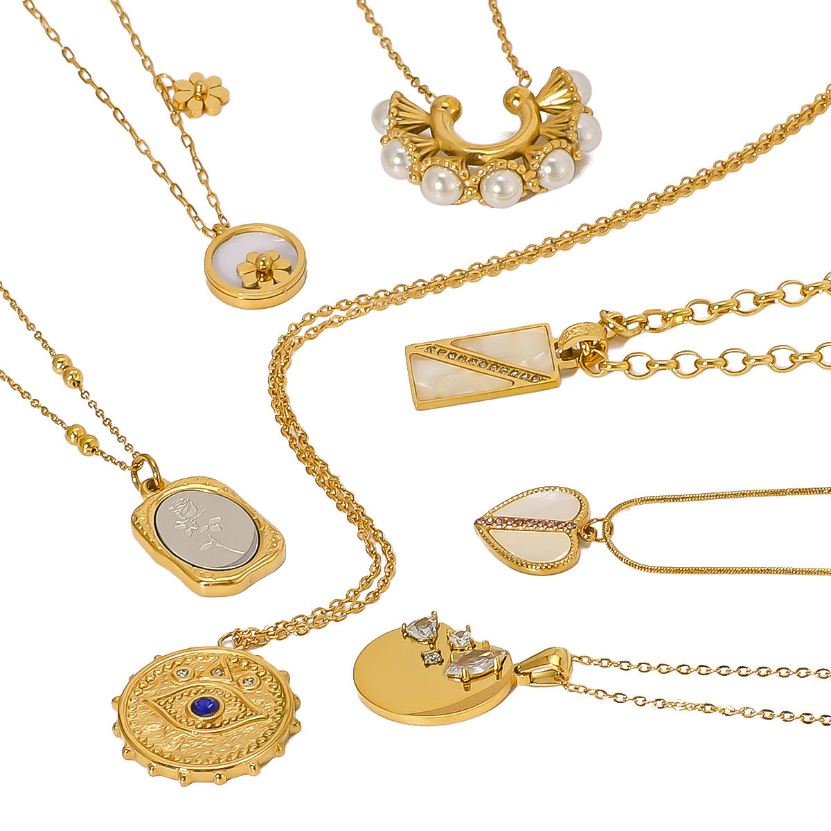 Wholesale Vintage Love Geometric Pendant Inlaid Zircon Natural Stone Stainless Steel Necklaces ACC-NE-XinY007