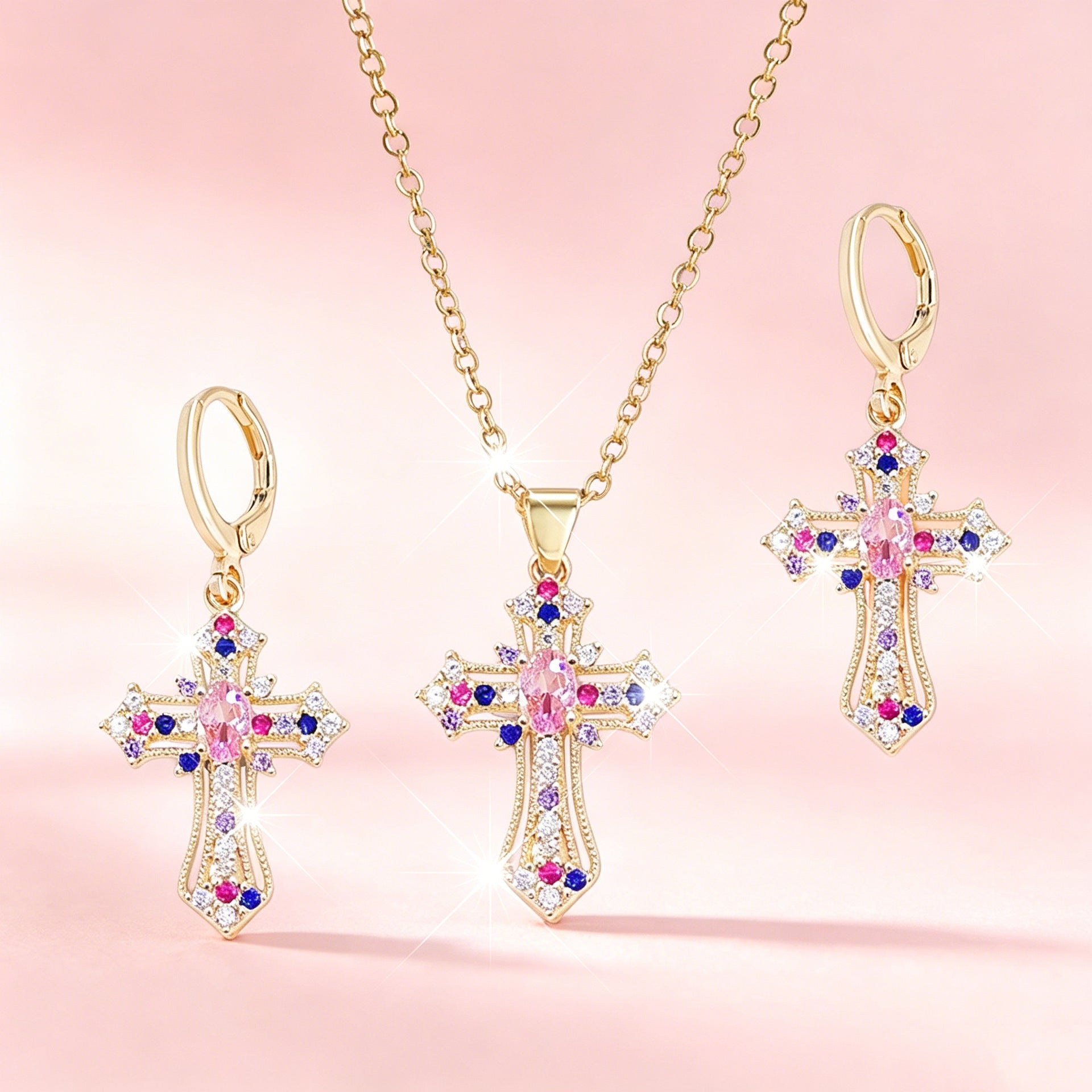Wholesale Vintage Cross Pendant Necklace And Earring Jewelry Set With Rhinestone Details Fashion Jewelry Accessory For Party Wear And Gift