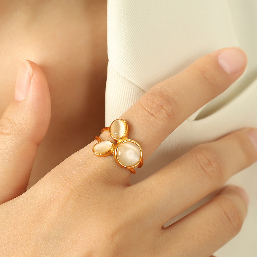 Wholesale Internet Celebrity Temperament Personalized Style Ring Inlaid with Cat' s Eye Open Ring High-End Fashion European and American Retro Ring
