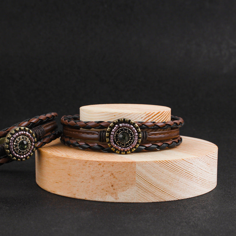 Wholesale Handmade Multi-Layer Leather Bracelet with Vintage Geometric Design Boutique Resale Jewelry Accessory