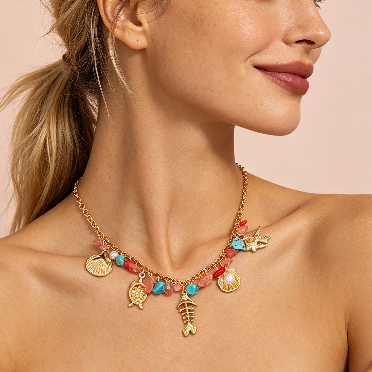 Wholesale Bohemian Ocean Style Choker Necklace Shell Fishbone Sea Turtle Colorful Stone Pearl Gold Plated Fashion Accessory