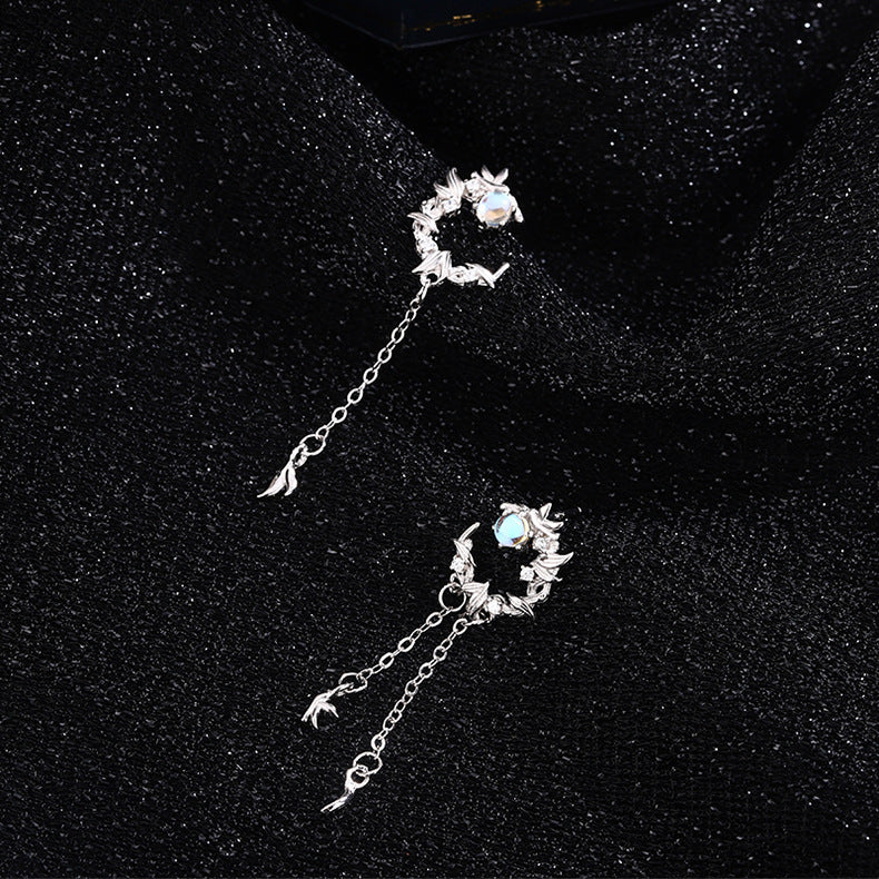 Wholesale S925 silver moonstone blue eucalyptus and bird earrings