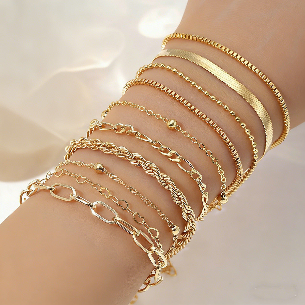 Wholesale 10 Pcs Women S Gold Tone Cuban Chain Layered Bracelet Set Electroplated Heart Design Fashion Jewelry Gift