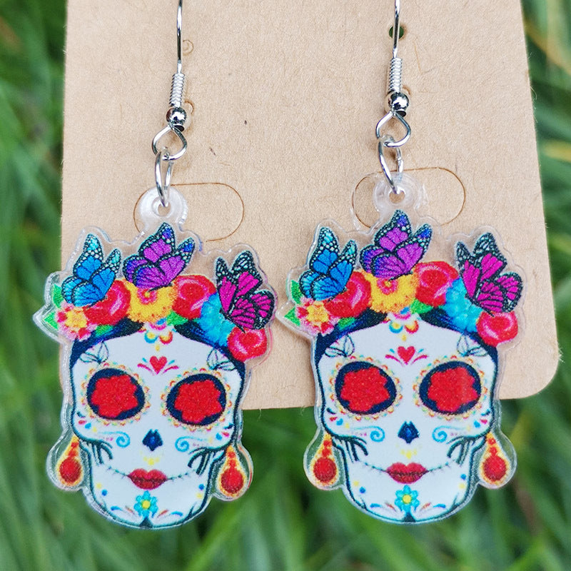Wholesale 2 pairs/pack Acrylic Day of the Dead skull butterfly flower mushroom snake rose flame earrings