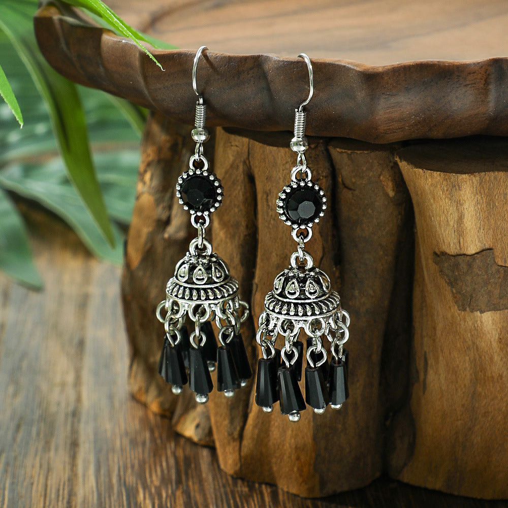 Wholesale Zinc Alloy Vintage Lantern Earrings Black Crystal Tassel Jewelry Accessory