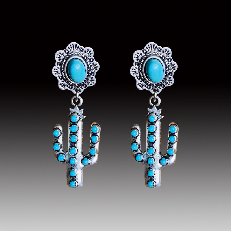 Wholesale Alloy Electroplated Retro Geometric Turquoise Earrings - Cactus Design Fashion Accessory