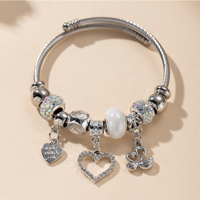 Wholesale Heart Shaped Rhinestone Stainless Steel Copper Alloy Beaded Bracelet ACC-BT-JingSY001