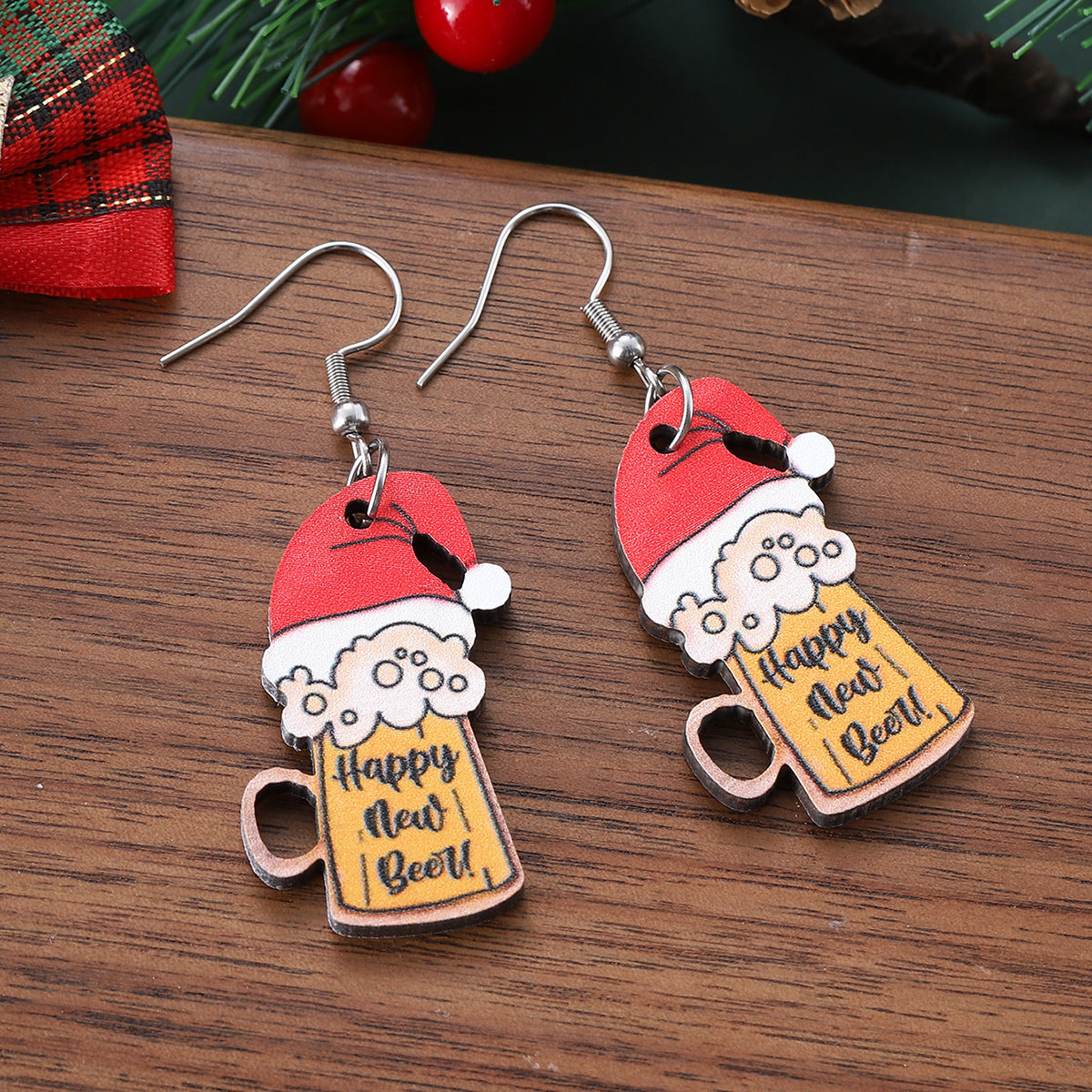 Wholesale Christmas New Year beer mug pendant earrings wooden double-sided earrings