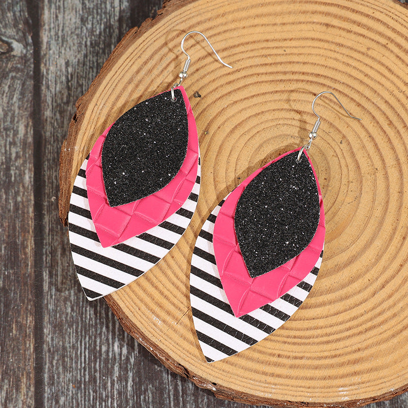 Wholesale Retro Leaf-Shaped Leather Earrings with Glitter and Stripes,  Everyday Wear Fashion Accessory