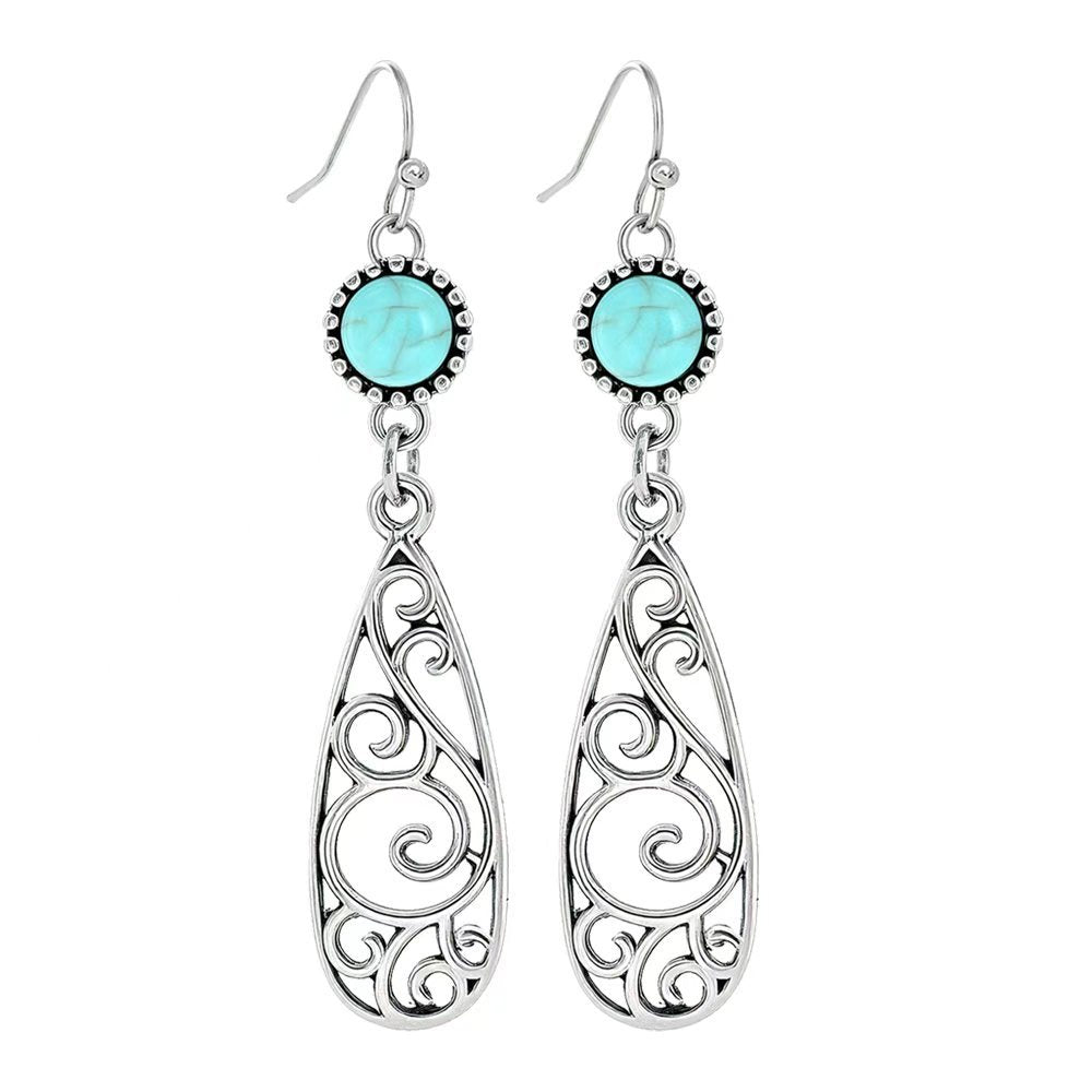Wholesale Turquoise Geometric Tassel Earrings Antique Silver Retro Fashion Accessory for Everyday Wear or Gift