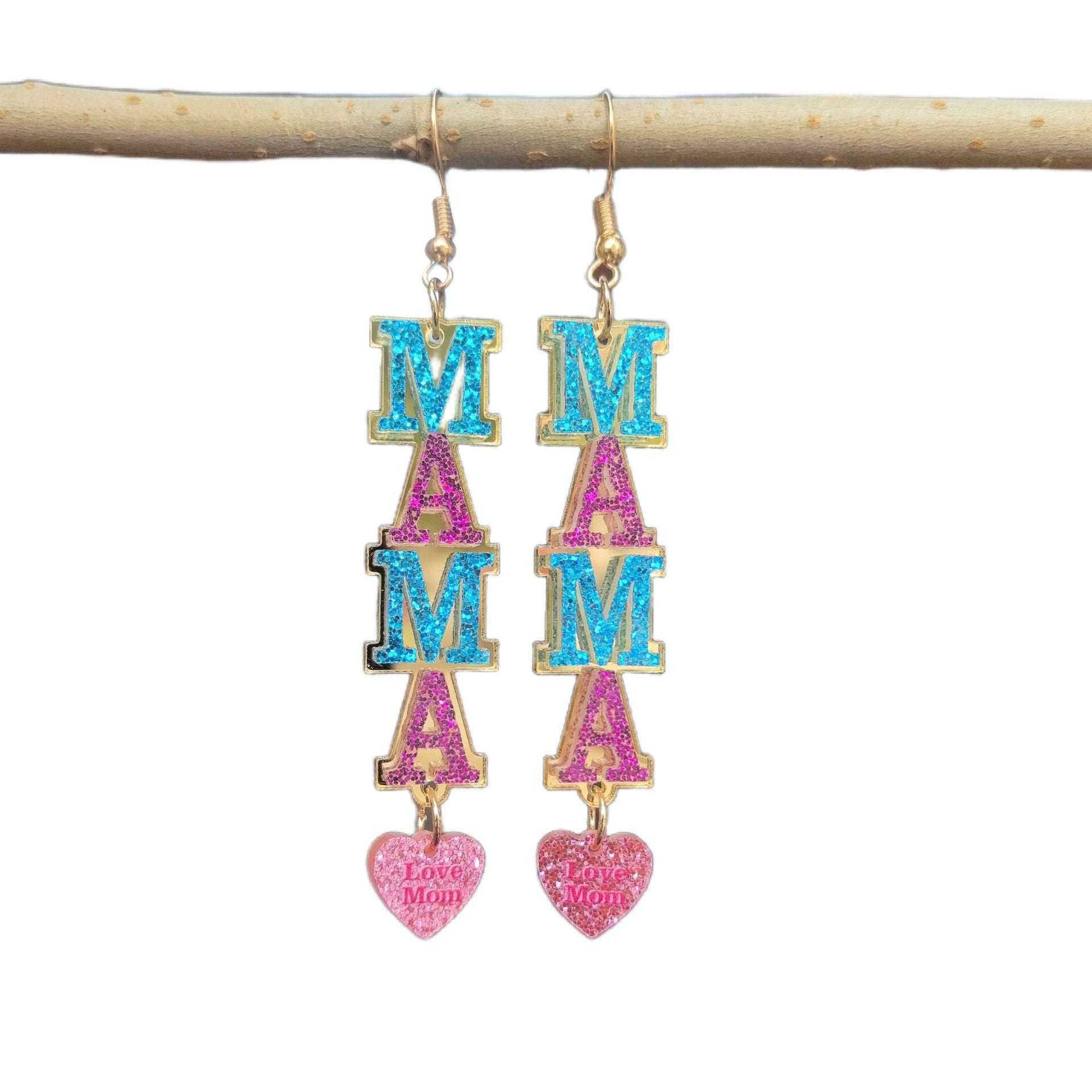 Wholesale New European and American style Mother' s Day patchwork acrylic MOM MAMA letter heart earrings - a perfect Mother' s Day gift.