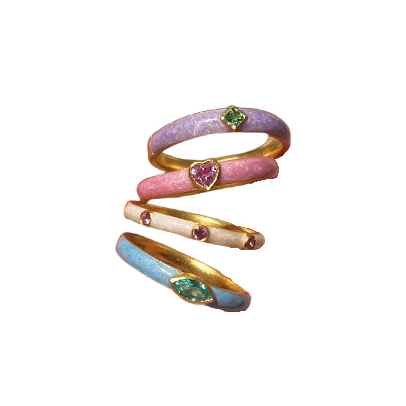 Wholesale Macaron-Colored Dopamine Retro Zircon Enamel Ring French Style Stackable Index Finger Ring for Women