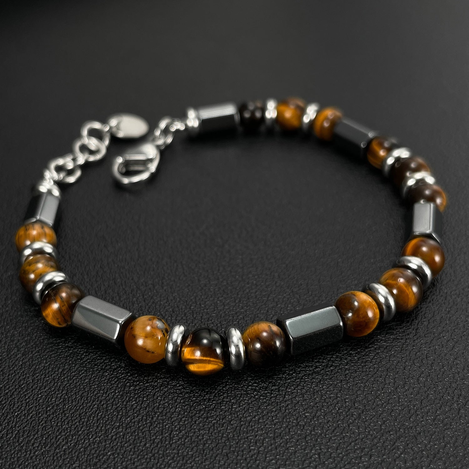 Wholesale  stainless steel  geometric tiger eye beaded chain bracelet