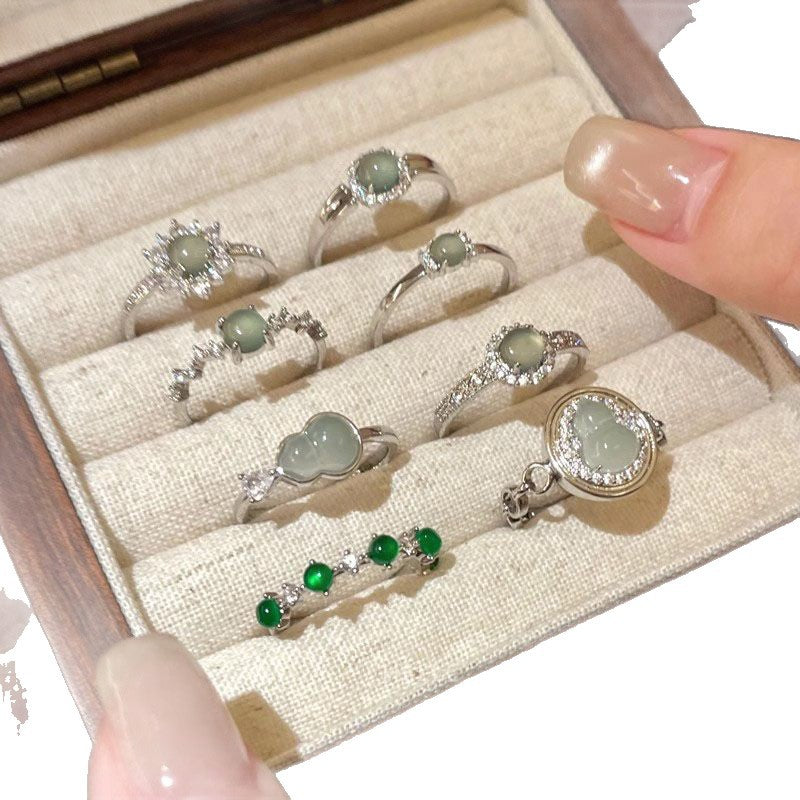 Wholesale New Chinese-Style Green Agate Gourd Ring for Women,  Niche Design Index Finger Ring,  Light Luxury Temperament Ring,  Personality Trend