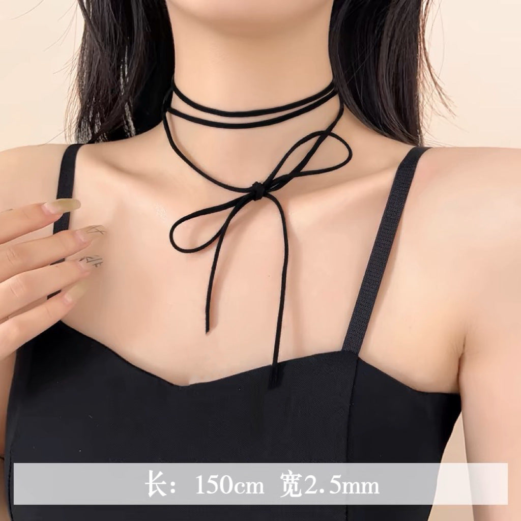 Wholesale simple lace bow choker collar  long leather rope neck accessories