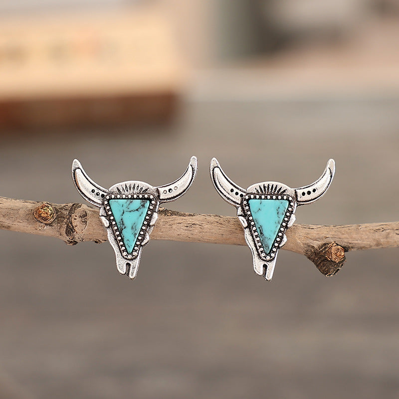 Wholesale  western wind cow head turquoise earrings
