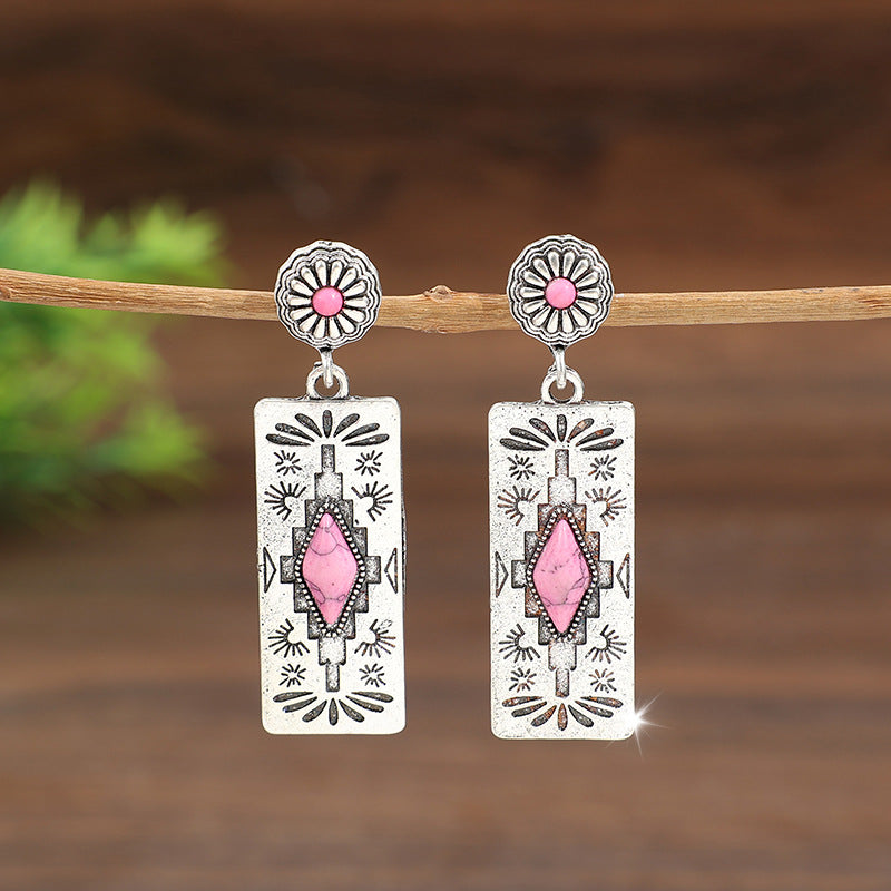 Wholesale Turquoise Alloy Bohemian Melon Flower Patchwork Earrings