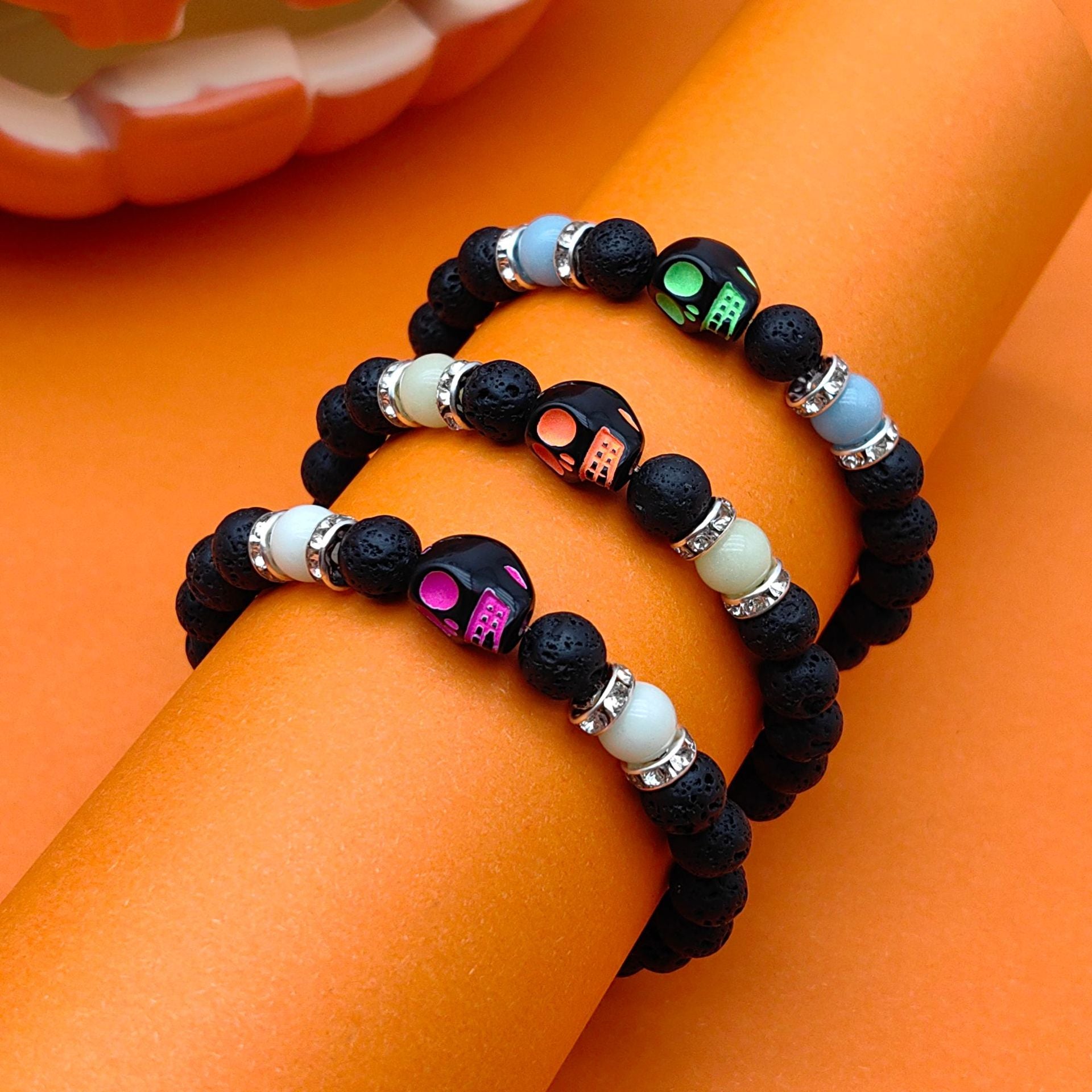 Wholesale 2pcs Halloween Skull Natural Volcanic Stone Beaded Elastic Bracelet ACC-BT-XiZhao002