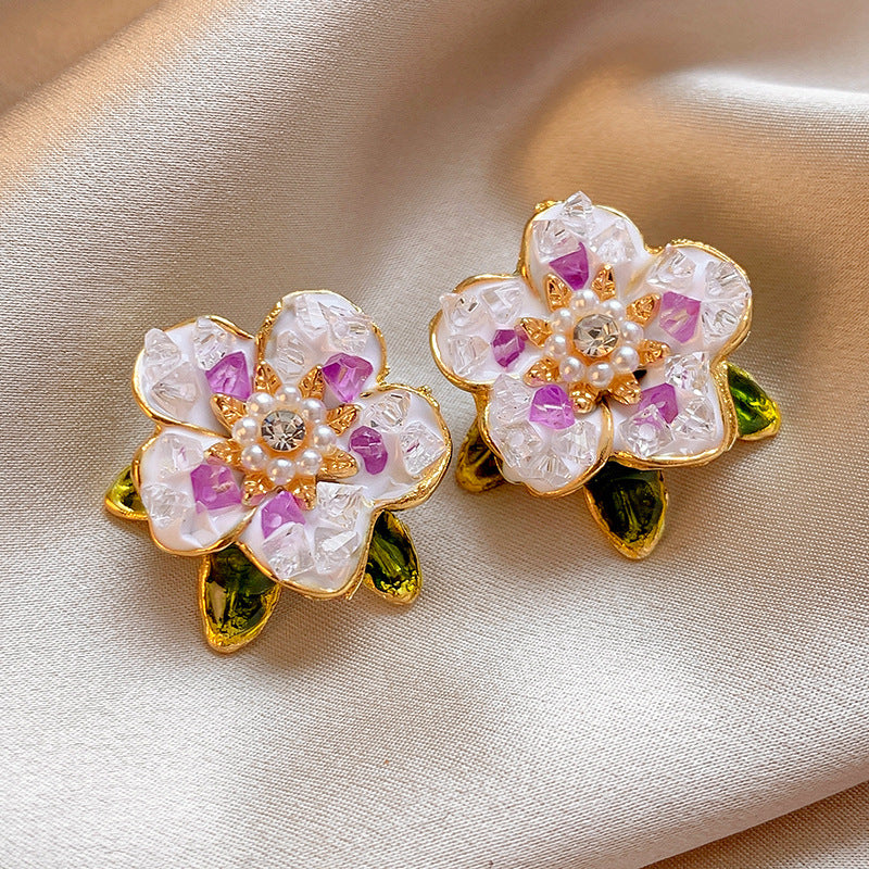 Wholesale Retro Pink Purple Camellia Ear Studs Earrings