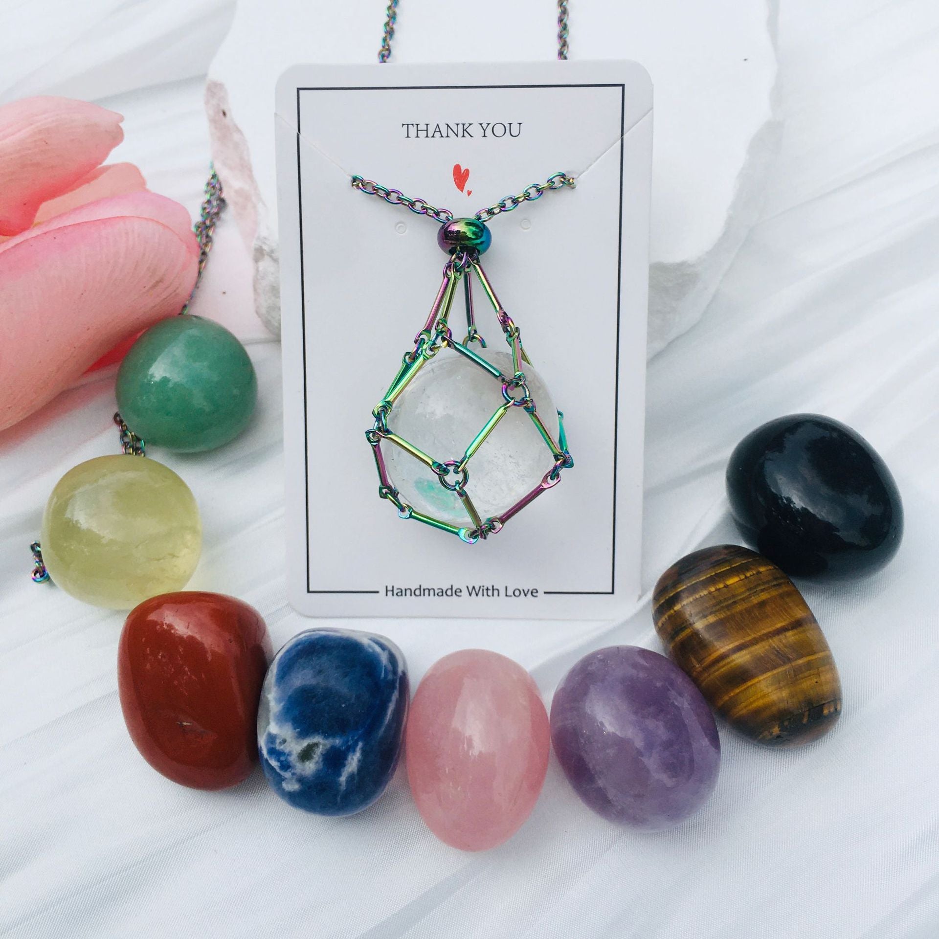 Wholesale Crystal Natural Stone Electroplated Color Bamboo Adjustable Metal Mesh Necklace ACC-NE-RongGuan002