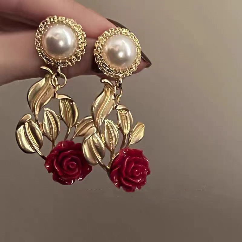 Wholesale Metal Red Rose Flower Earrings
