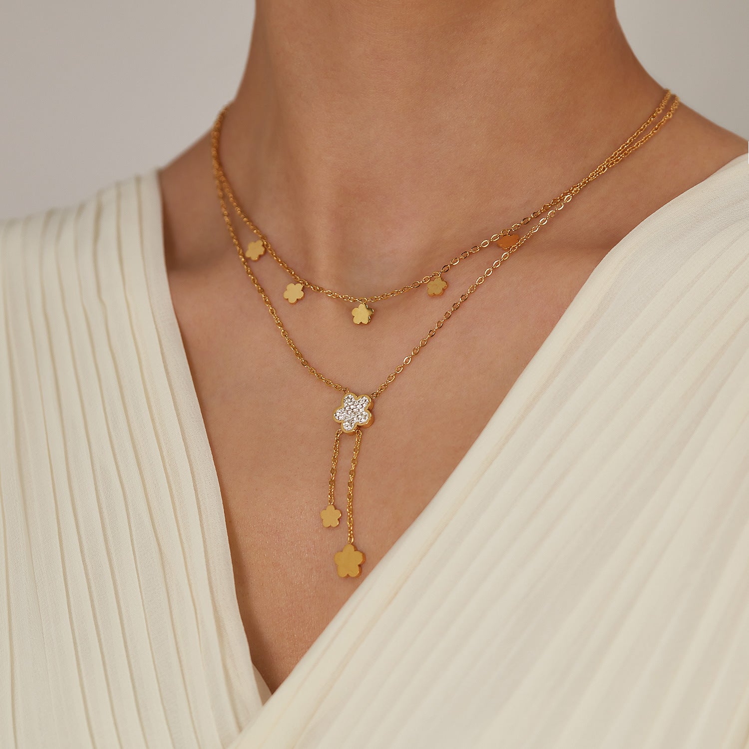 Wholesale Titanium Steel Double Layer Stacked Flower Tassel Zircon Jewelry Necklaces