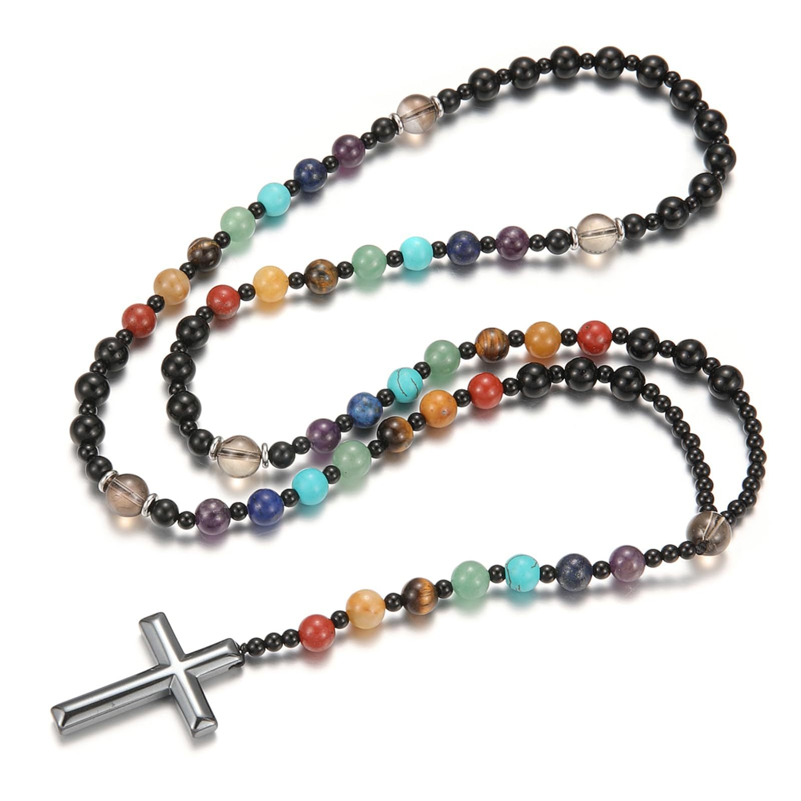 Wholesale Volcanic Stone Cross Necklace Natural Tiger Eye Black Gallstone Silver Spacers Chic Jewelry Accessory
