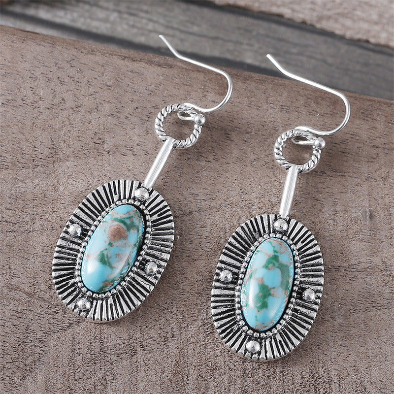 Wholesale Retro Court Style Inlaid Textured Turquoise Oval Earrings