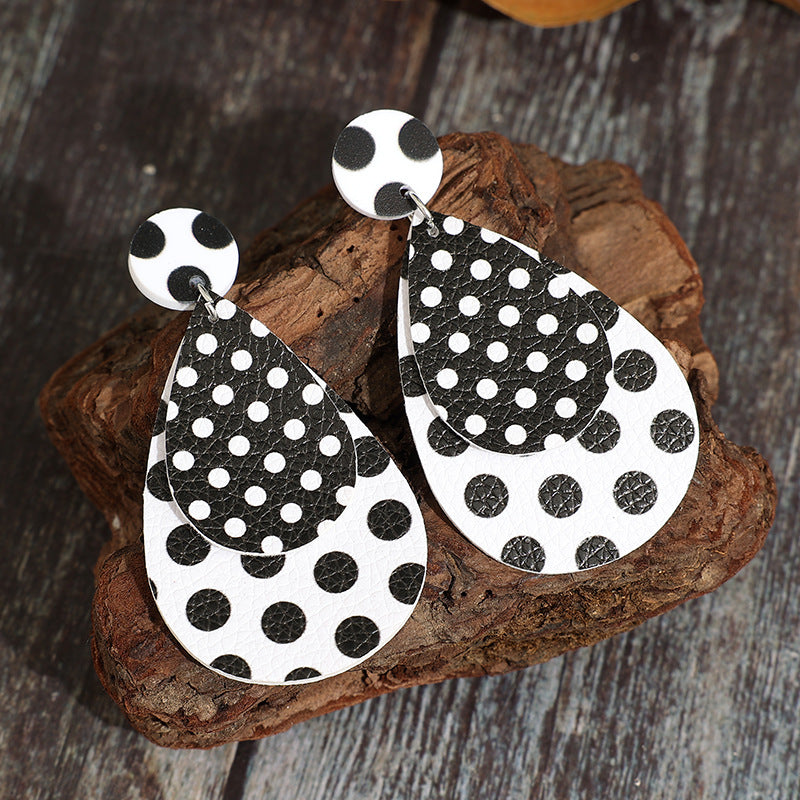 Wholesale Trendy Black White Polka Dot Leather Drop Earrings Double Layer Jewelry Accessory for Party Wear Boutique Resale