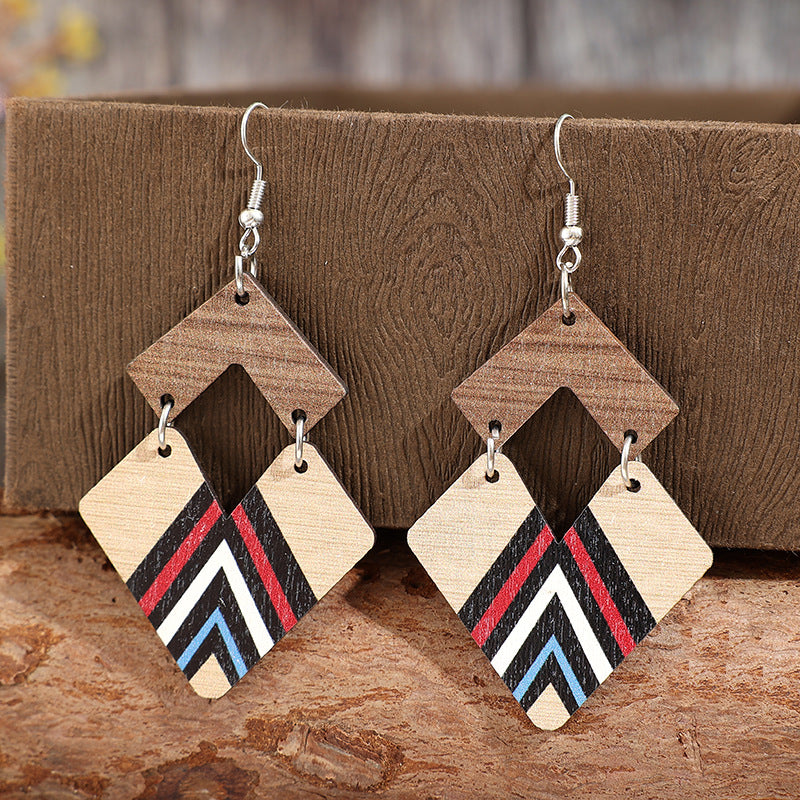 Wholesale Retro Wooden Two-Color Striped Double Diamond and Heart Earrings for Women