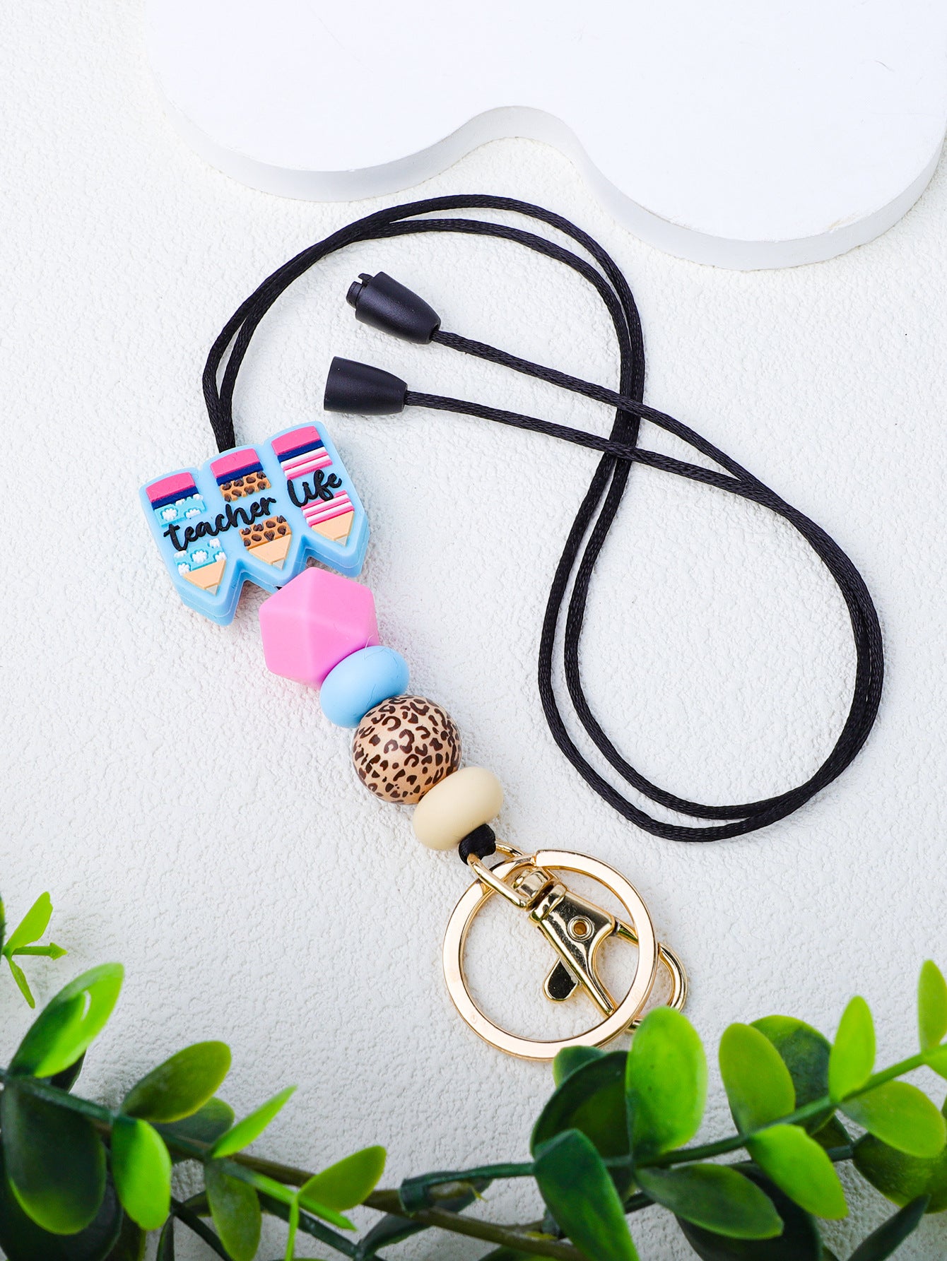 Wholesale Teacher's Day Pencil Silicone Leopard Wood Beads Beaded Keychain ACC-KC-JiuYa009