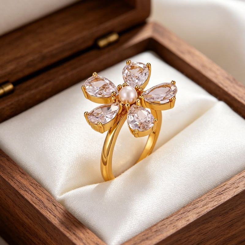 Wholesale Copper Open Flower Ring with Zircon for Women Everyday Wear Fashion Accessory
