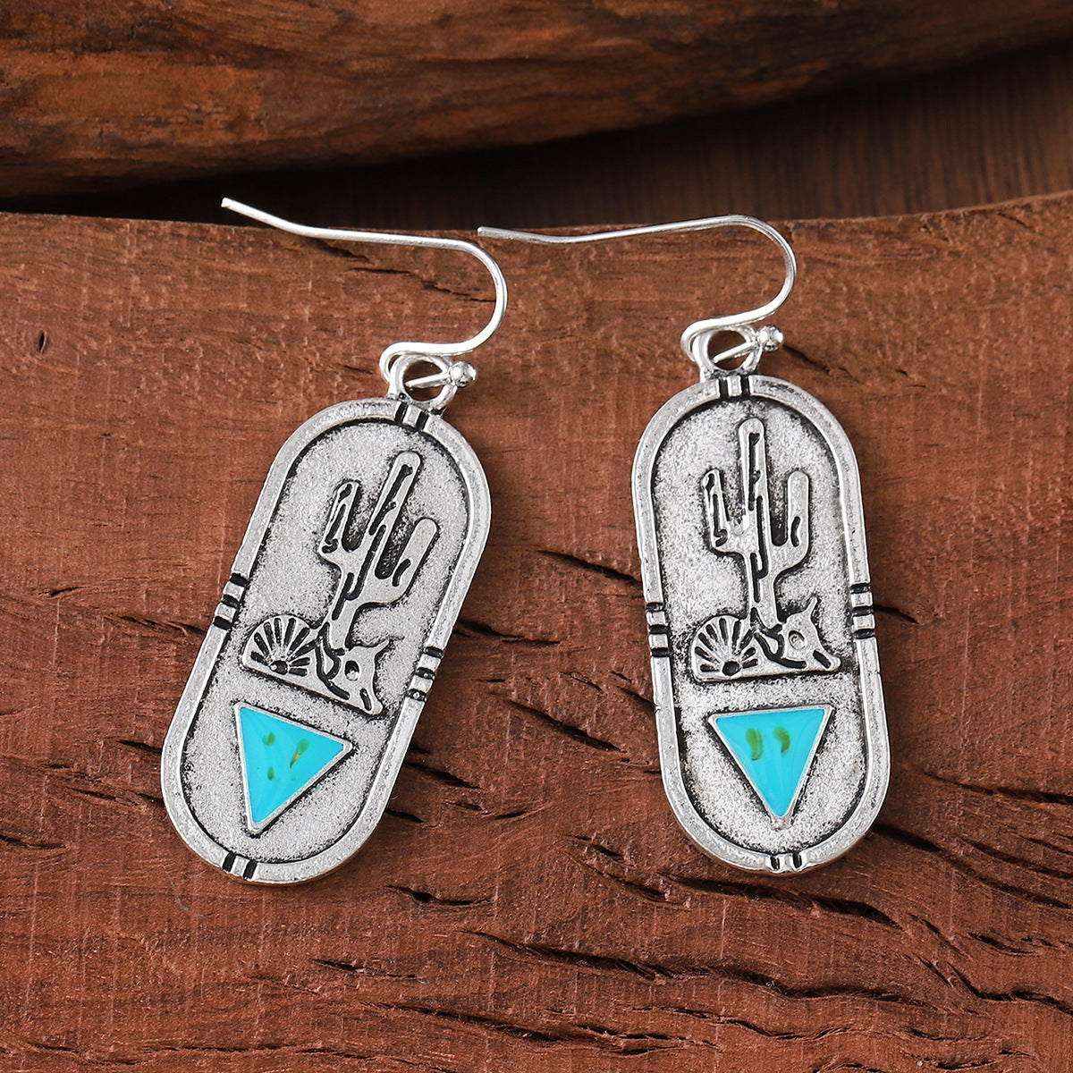 Wholesale Western StyleGeometric Oval Retro  Three-Dimensional Carved Cactus Earrings