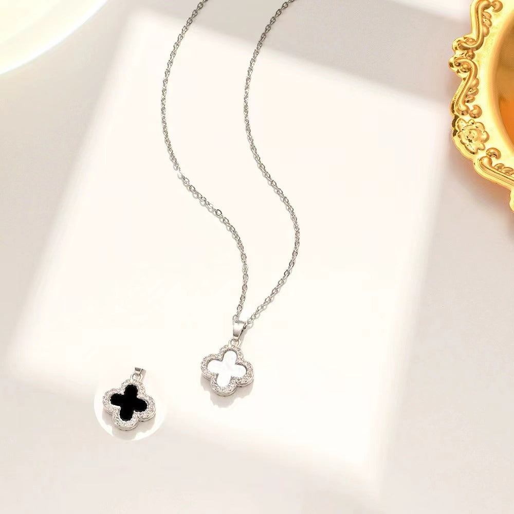 Wholesale Fully Rhinestone Four-leaf Clover Titanium Steel Double Sided Necklace