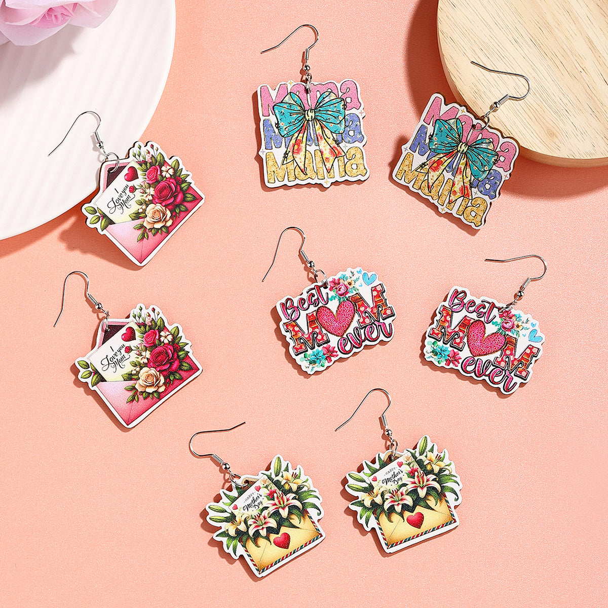 Wholesale  Mother's Day Wooden Earrings Cartoon Envelope Flower Love Earrings