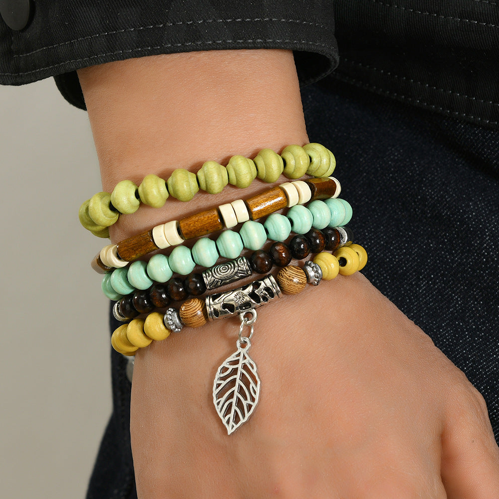 Wholesale Wooden 10-piece set turquoise beaded bracelet