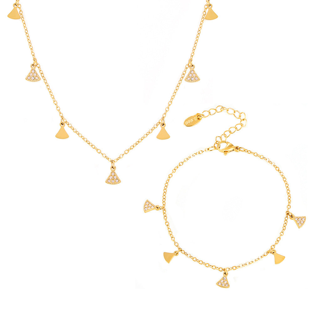 Wholesale Titanium Steel Geometric Small Fan Inlaid with Zircon Multi-Accessory Set Bracelet Necklace