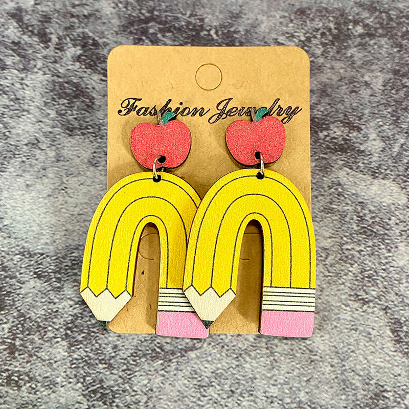 Wholesale Teacher Wood Earrings Leopard Pencil Apple Stitching Earrings