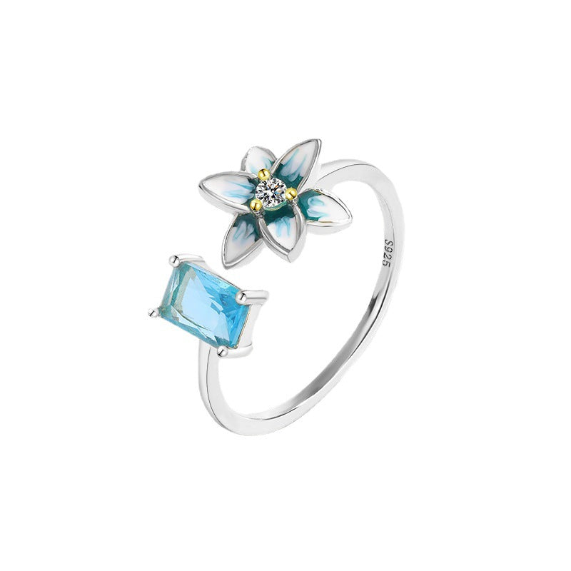 Wholesale Blue Flower Ring 925 Silver Open Adjustable Enamel Ring