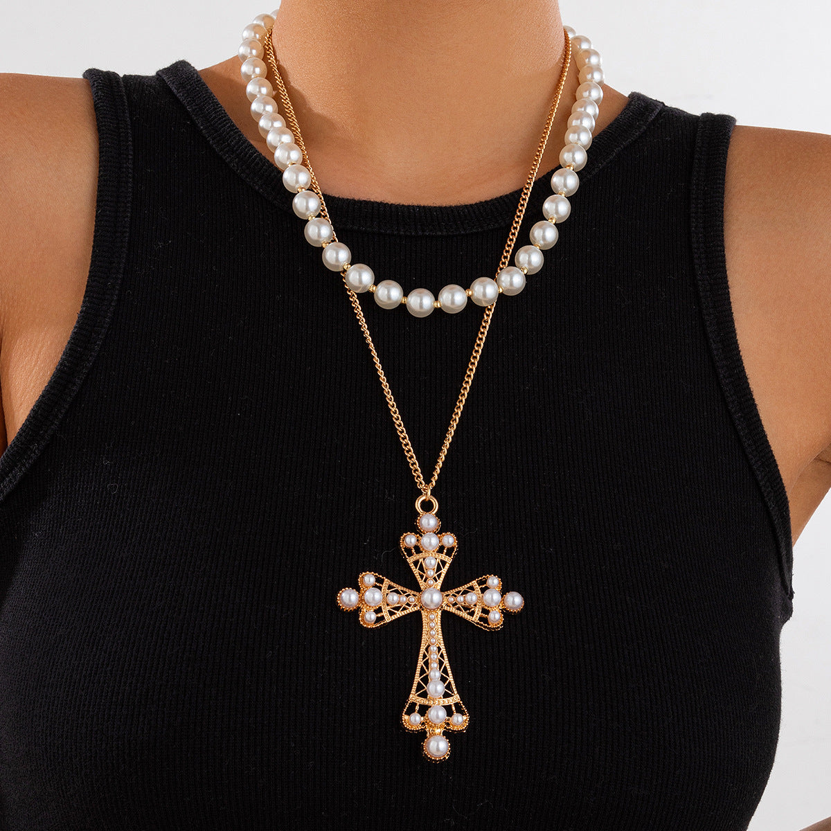 Wholesale Cyberpunk Cross Pearl  Necklace