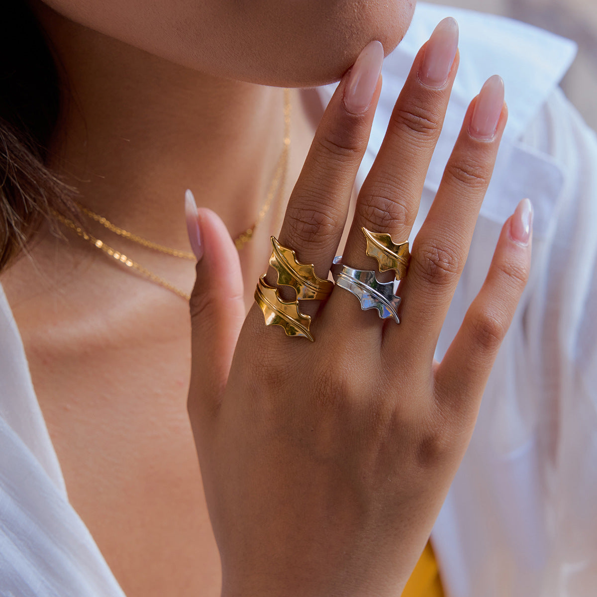 Wholesale 18K Gold Stainless Steel Gold and Silver Color Matching Leaf Color Matching Open  Ring