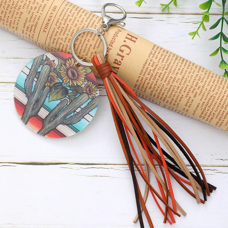 Wholesale Western Style Cactus Sunflower Bull Head Disc Acrylic Keychain ACC-KC-YTian021